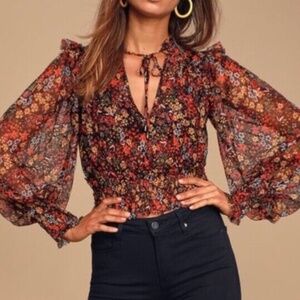 Free People Twyla Black Red Yellow Floral Mesh Long Sleeve Crop Top Blouse XS